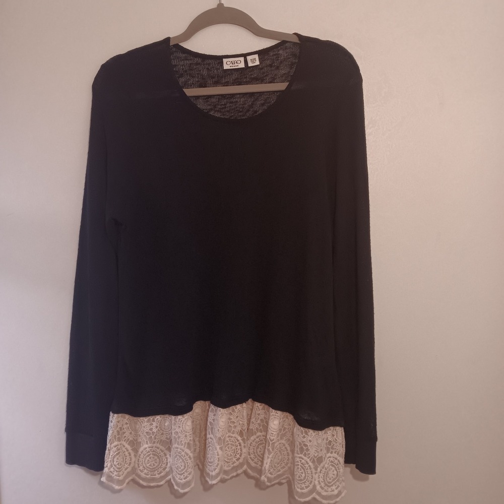 Cato Woman Black Lace Trim Long Sleeve Top 18/20W Mesh Knit Shirt